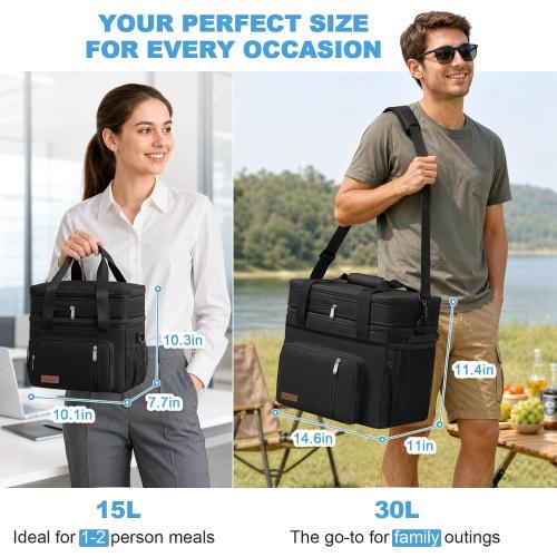 MIYCOO Lunch Bag & Lunch Box for Men Women, Double Deck & Leakproof | Insulated Soft Large Adult Camping Cooler bag for Work, Beach, Picnic, Travel (Black, 15L)