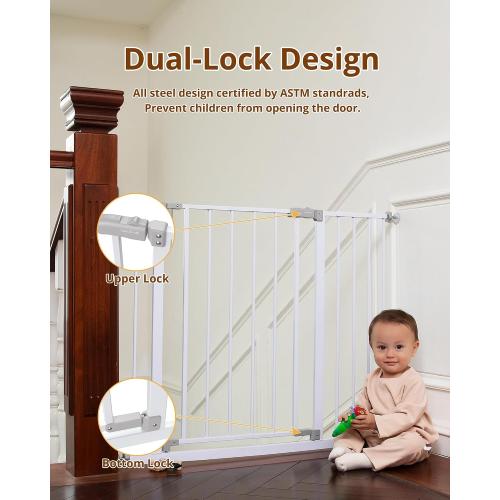 InnoTruth 28.9-42.1 Wide Baby Gate for Stairs & Doorways, 30 Tall Pressure Mounted Dog Gates for Stairs Expandable One-Hand Open, Easy Step Walk Through Dual Lock Metal Pet Gates for Dogs, White