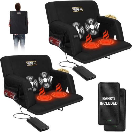Heated Massage Reclining Stadium Seat, Bleacher Chair with 10000mAh Portable Bank, 6 Reclining Positions for Camping, Games & Sports