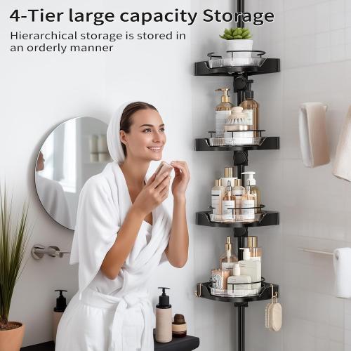 360° Rotating Shower Caddy Tension Pole, 4 Tiers Corner Shower Organizer for Bathroom Shelf Bathtub, Adjustable Standing Shower Rack Bathroom Accessories, Easily Assemble, 34-124 Inch Height, Black