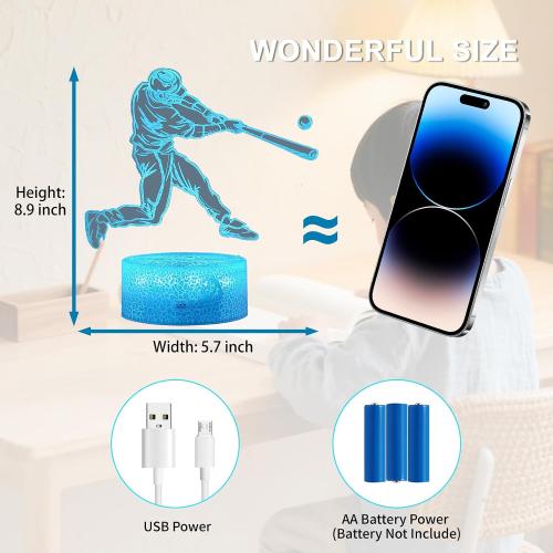 Baseball Gifts for Boys 8-12 3D Lamp Night Light with Remote & Touch Control, 16 Colors Changing   4 Changing Mode Brightness Room Decor Christmas Birthday Gifts for Kids Boys Girls Sport Fans
