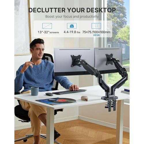 HUANUO Dual Monitor Stand - Full Adjustable Monitor Desk Mount Swivel Vesa Bracket with C Clamp, Grommet Mounting Base for 13 to 32 Inch Computer Screens - Each Arm Holds 4.4 to 19.8lbs
