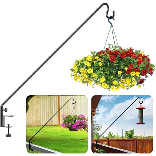 Idzo Deck Bird Feeder Hanger for Railing, 43in Deck Hook for Bird Feeder Pole, Sturdy 1 Piece Solid Steel Construction, 3in Non-Slip Clamp, Black