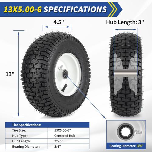 Size 13x5.00-6 Rubber Lawn Mower Tire and Wheel, 2 Pcs Replacement 13x5-6nhs Riding Mowers Lawn Pneumatic Tire with Bearing Bore 3/4 & 5/8, 3 -4.5 Centered Hub