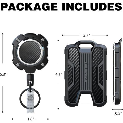 LIUGX Retractable Badge Holder with Belt Clip, Heavy Duty Carabiner Keychain,Durable ID Card Holder (Holds 4 Cards), Carbon Fiber-Texture, with 31.5”Badge Reel Key Chain, 10,000  Rebound, Silver-Black