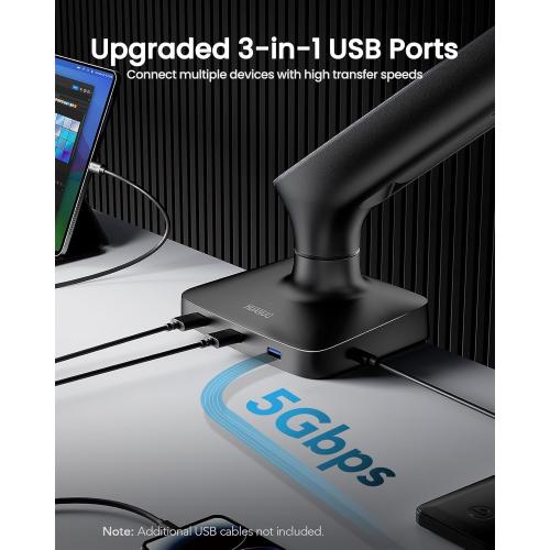 Single Monitor Mount for 13-49 Inch Screens up to 24 lbs, Ergonomic Adjustable Monitor Arm with Built-in USB 3.0 Hub, Space-Saving VESA Desk Mount for Home Office & Gaming, C-Clamp & Grommet Base