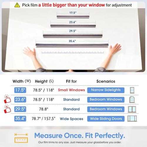 SUNBABY One Way Privacy Film Heat & UV Blocking, Static Cling No Glue Renter Friendly Cover for Home Bedroom, Office & Sliding Glass Door, 35.4 x 78.7 Inch with 3 Tools, Silver