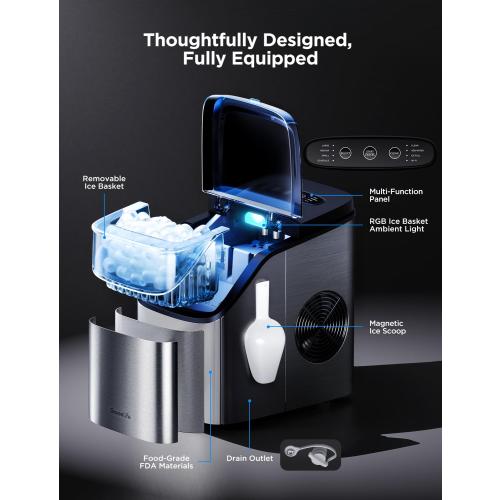 GoveeLife Smart Ice Maker Countertop, Portable Ice Machine with Voice Control, 9 Ice Cubes in 6 Minutes 3 Sizes, 26lbs/24Hrs, Self Cleaning RGB Lights, Quiet Ice Maker with Scoop for Kitchen Silver