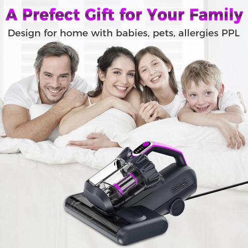 winterbear Mattress Vacuum Cleaner, 17Kpa Suction 500W High Power Handheld Roller-Type Bed Vacuum Cleaner with U-V-C Light & High Heating & Ultrasonic Tech, 2 * 30000Rpm Brush Rolls, Corded(Black)
