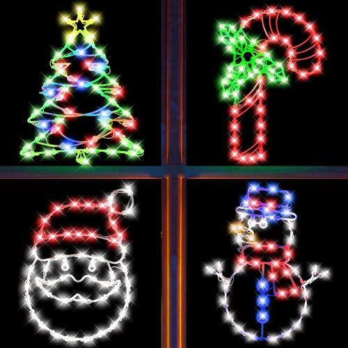 4 Pack Christmas Window Silhouette LED Lights Decorations, Santa Claus, Xmas Trees, Candy Cane, Snow Man Christmas Window Light with 50 Bulbs for Holiday Wall Door Glass Decorations
