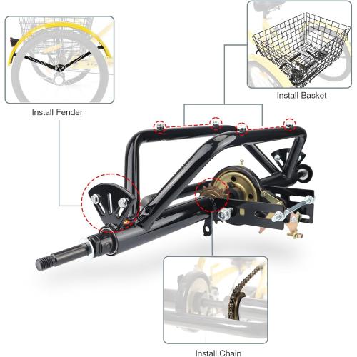 WEEROCK 20 24 26 Tricycle Rear Axle Tricycle Conversion Kit Single Speed/ 7 Speeds for 20 24 26 Inch Adult Tricycle, Trike, 3 Wheel Bikes，Black