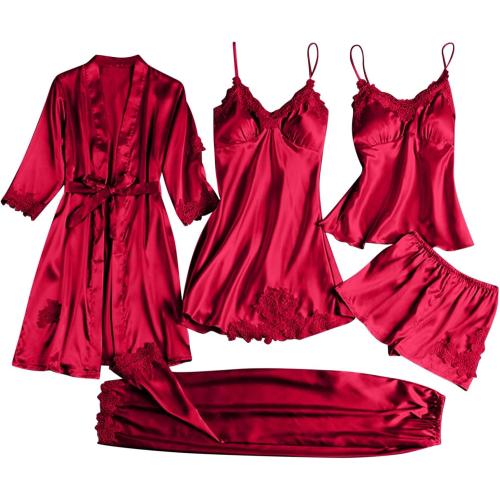 Womens Medium Silk Pajamas Robes Set Sexy Satin Pjs Sets 5Pcs Nightgown Cami Shorts Pants Sleepwear Summer Cute Loungewear