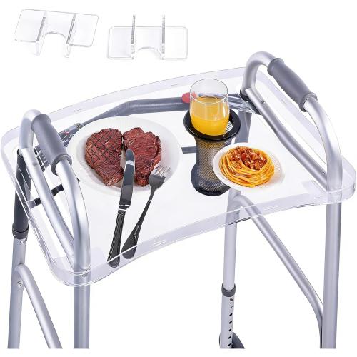 BAGSFY Clear Walker Tray Table with Cup Holder, Non-Slip Food Tray, Fits Standard Folding Walkers with Side Bars, Walker Accessories for Seniors, Supports Up to 10 lbs