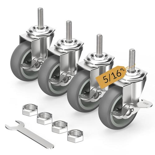 HOLKIE Caster Wheels 3 inch Locking Casters Set of 4, Threaded Stem 5/16 -18 x 1-1/2 (Diameter 5/16, Length 1-1/2) Swivel Heavy Duty Castors Gray