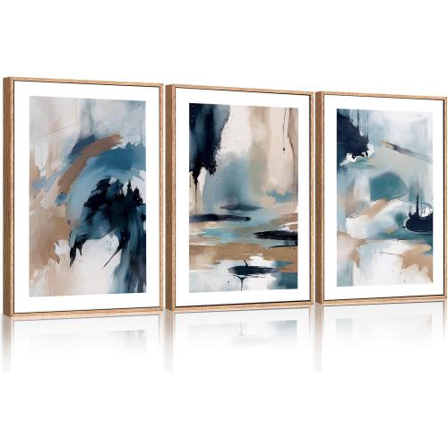 24x36x3 Blue KAIRNE Abstract Neutral Framed Canvas Wall Art Set, Navy Abstract Wall Decor, Watercolor Blue and Brown Wall Painting, Modern Textured Art Prints for Living Room, Bedroom, Office