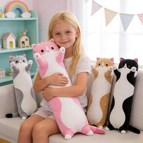 Cute Cat Plush Long Body Pillow – Soft Cartoon Stuffed Animal Doll, Kawaii Cat Plushie Valentines Day Gifts for Kids, Girls & Girlfriend (Gray, 19.7 Inch)
