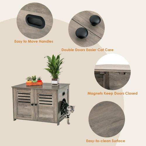 DINZI LVJ Litter Box Enclosure, Cat Litter House with Louvered Doors, Entrance Can Be on Left or Right Side, Spacious Hidden Washroom for Most of Box, Furniture Cabinet, Gray Wash