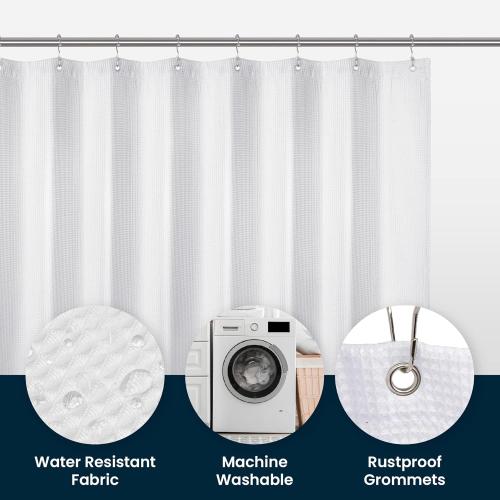 White 72x72 LiBa Waffle Weave Fabric White Shower Curtain, 72 W x 72 H Water Repellent & Heavyweight, Hotel Quality & Cloth Linen Shower Curtains Set and for Bathroom