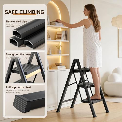 3 Step Ladder,Folding Step Stool with Widen Anti-Slip Pedals,Sturdy Carbon Steel Ladder,Convenient Handrail Heavy Duty,Step Stools for Adults Kitchen (Black Color)