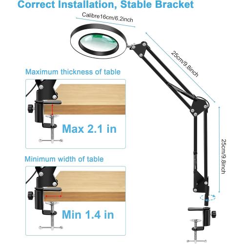 10X Magnifier Desk Lamp, 2-in-1 LED Magnifying Glass with Light and Clamp, Hands-Free Lighted Magnifier with 3 Color Modes for Craft Hobby Nail Repair Reading Close Works (Black, Clamp)