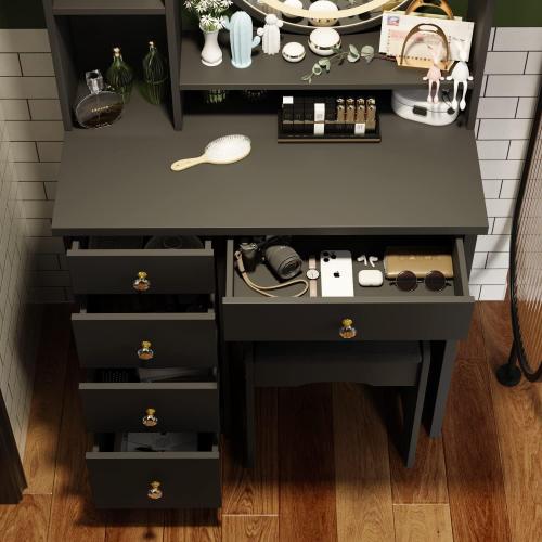 Makeup Vanity Set Dresser Desk with 5 Drawer and Shelf Round Mirror with Touch Screen and Light Vanity Set with Cushioned Stool for Bedroom, Black