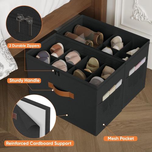 Shoe Organizer for Closet, 2-Pack Foldable Shoe Storage Box with Adjustable Dividers & Clear Cover, Fits 16 Pairs, Black, Durable and Space-Saving