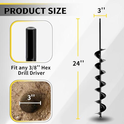 3 x 24 Garden Auger Drill Bit for Planting and Post Hole Digging - Upgraded Spiral Design, Solid Shaft - Hex Driver Drill Compatible