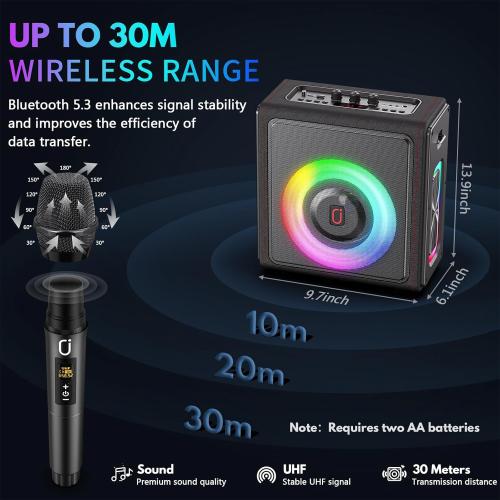 Karaoke Machine, Portable Bluetooth 5.3 Speaker with 2 Wireless Microphones for Adults, PA System with Pitch Correction & Echo Adjustment, Supports TWS/TF Card/USB/AUX/Live for Home Party (2MICS)