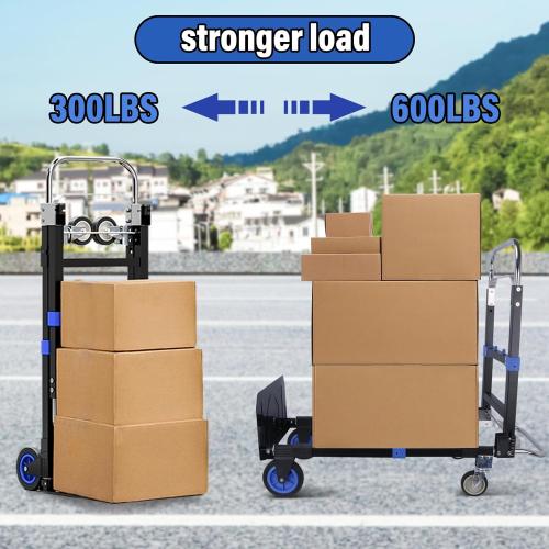 Upgraded 3 in 1 Folding Hand Truck, 600lbs Capacity, Heavy Duty Convertible Dolly with Retractable Handle and 4 Rubber Wheels, Collapsible Cart for Moving Home, Office, Warehouse (Blue)