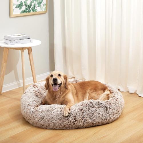 Bedfolks Calming Donut Dog Bed, 36 Inches Round Fluffy for Large Dogs, Anti-Anxiety Plush, Machine Washable (Brown, Large)