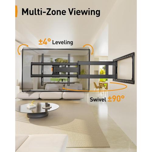 Black 42-90 Perlegear Long Arm Full Motion TV Wall Mount for 42–90 Inch TVs up to 150 lbs, 40″ Long Extension, Pre-Assembled Corner TV Mount with Full Swivel, Tilt, Fits 8″/12″/16″/24″ Studs, Max VESA 800x400mm
