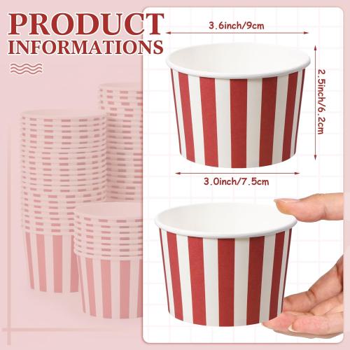 Zopeal 50 Count Red and White Striped Ice Cream Cups Disposable 9 oz Ice Cream Bowls Paper Race Car Birthday Christmas Party Supplies Snack Cups Sundae Picnic Dessert Yogurt Bowls for Food