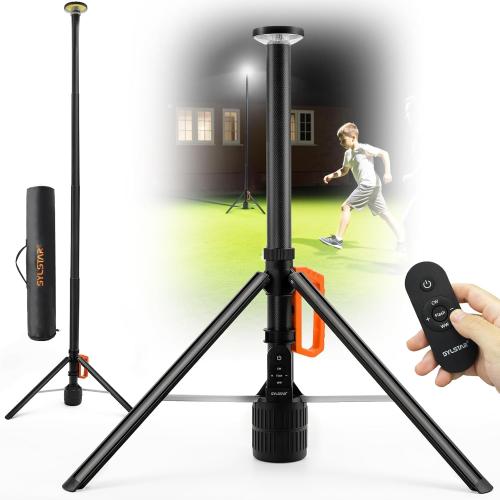 Size 8ft SYLSTAR 360° Rechargeable Work Light with Remote &Telescopic Stand (8.4Ft), 3000LM Ultra Bright 3CCT Dimmable, 6000mAh Battery, Portable Camping Light for Jobsite Workshop Sports Emergencies