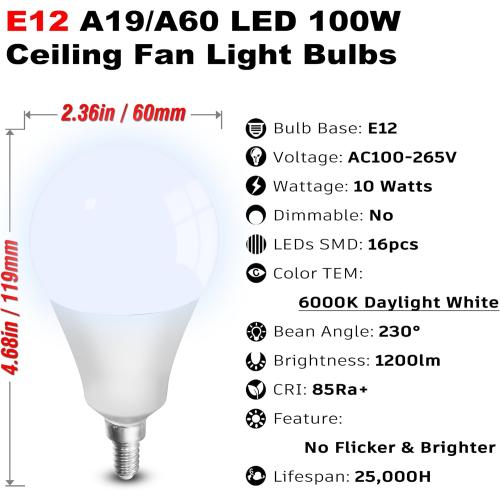 3 Pack E12 100W Equivalent LED Candelabra Bulbs, E12 A19 A60 LED Ceiling Fixtures Light Bulbs 6000K Daylight White,Bright Small Candelabra Screw Base Globe Shape Chandelier Bulbs 10W 1200lm,Non Dimmable,3Pcs