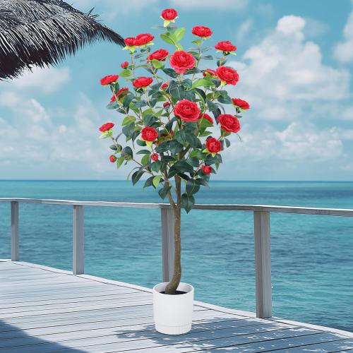 Artificial Camellia Tree 6FT – Faux Plants Indoor, with Easy Assembly, Low Maintenance, Ideal for Both Indoor Decoration and Other Purposes，Perfect Porch Christmas Trees (Red 6ft)
