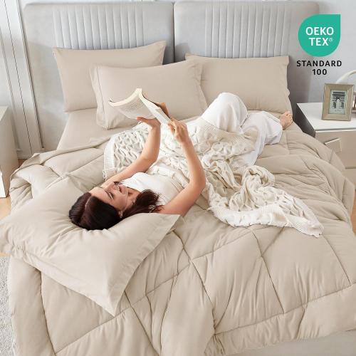 7pc Beige Queen Sasttie Comforter Set, Beige 7 Pieces Bed in a Bag Queen, Complete Bedding Set Includes Comforter, Flat Sheet, Fitted Sheet, Pillowcases and Pillow Shams, Beige