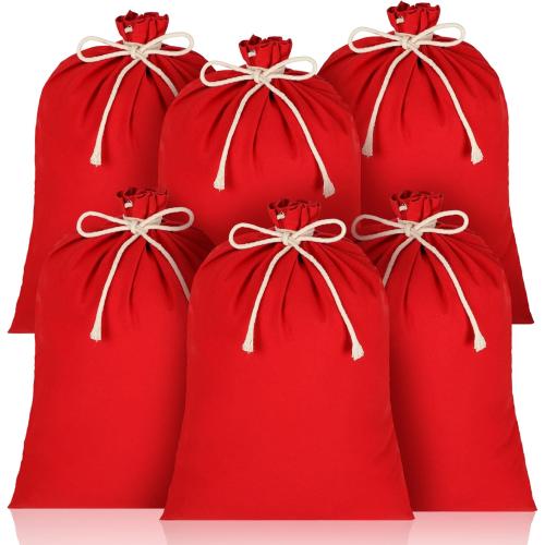 Newwiee 6 Pcs Large Christmas Canvas Gift Bag - 26.7 x 19.7 Inch Santa Sublimation Blank Red Bag - Reusable Drawstring Xmas Sacks for DIY Presents Package Storage Party Supplies
