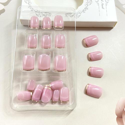 Nude Pink Press on Nails Short Square Fake Nails with French Tip Acrylic Glue on Nail Glossy Full Cover Artificial Stick on Nail for Women DIY Manicure