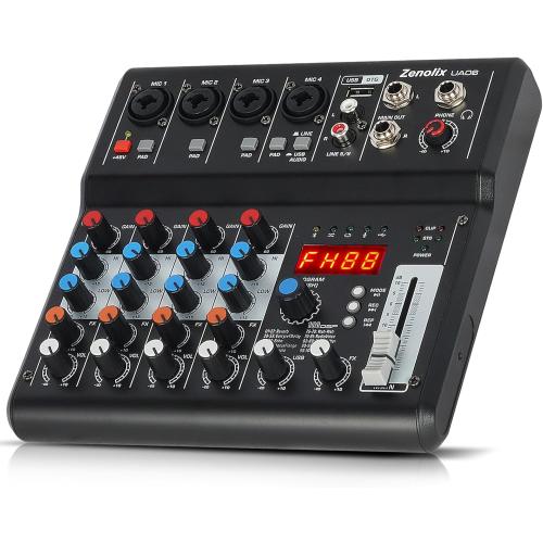 6 Channel Audio Mixer, Sound Board Mixing Console Audio Interface Digital USB Bluetooth Reverb Effect, Input 48V Phantom Power Stereo DJ Studio Mixer for PC Recording FX 16-Bit DSP Processor