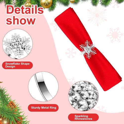 Mimorou Set of 60 Christmas Snowflake Napkin Rings Bulk Silver Rhinestone Cloth Napkin Holders Xmas Metal Serviette Buckle Holders for Holiday Party Dinning Room Table Setting Decoration