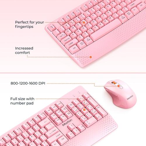 MEETION Wireless Keyboard and Mouse, Full-Sized Cordless Keyboard with Wrist Rest, 3 DPI Adjustable Mouse, Keyboard and Mouse Set with 2.4GHz USB Receiver, for PC/Computer/Laptop/Windows/Mac, Pink