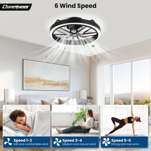 Conciseer Low Profile Ceiling Fan with Lights, 20 Inch Ceiling Fan with Light and Remote for Bedroom Living Room, 36W 3CCT Dimmable, 7 Blades 6 Speed Reversible Quiet DC Motor, LED 36W, Black