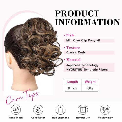 REECHO Ponytail Extension, 9 Claw Clip in Short Curly Wavy Pony Hair Extension Jaw Clip on Pony Tail HP001 Hairpiece for Women - Chestnut Brown with Golden Highlights