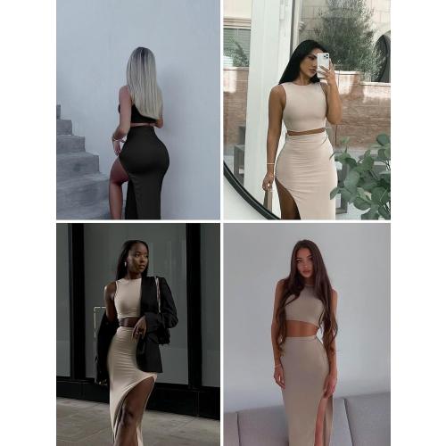 Size S ELLEVEN Sexy 2 Piece Maxi Skirt Sets for Women - Knit Bodycon Crop Tank Top and High Slit Skirt Dress Set, Summer Outfits