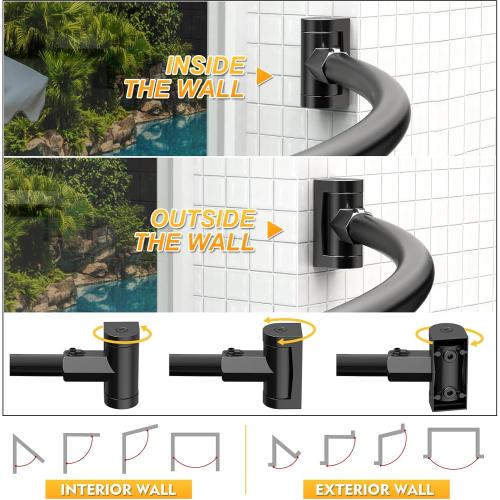 Curved Shower Curtain Rod For Bathroom 38-72 Inches, Adjustable Length, Curved Shower Rod, 0.9MM thickness, Round Shower Curtain Rods, Rotate Bracket For Large Shower Space, Need Drilling, Matte Black