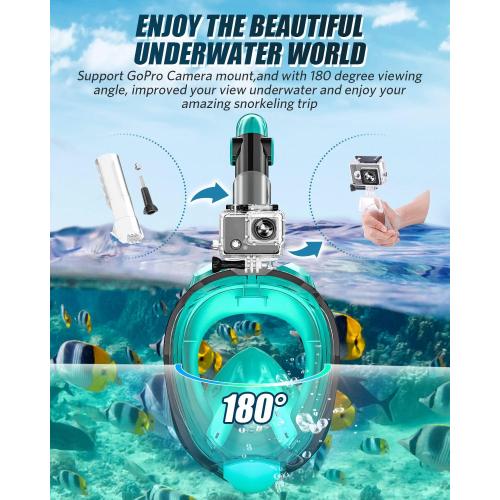 QingSong Full Face Snorkel Mask for Adults, Snorkeling Gear with Camera Mount, 180 Degree Panoramic View Snorkel Set Anti-Fog Anti-Leak