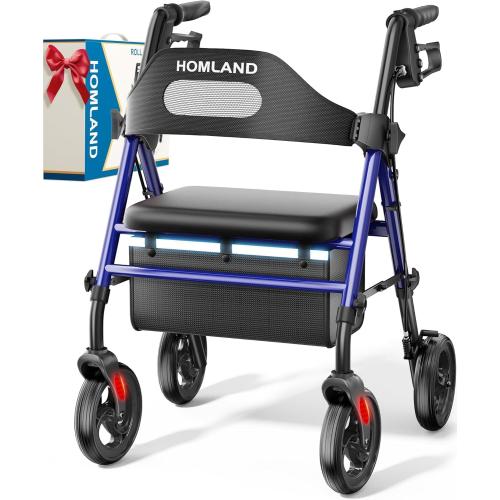 HOMLAND Foldable Rollator Walker with Seat for Seniors, 16 Enlarged Seat | 8 Big Wheels, 16×12x1.9 Thick Padded Seat, Adjustable Seat & Handle Height, Tool-Free Assembly, All Terrain Mobility Aid