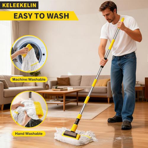 Professional Commercial Mop Industrial Heavy Duty Mop with 54 Long Handle ,Wet Mop for Home,Workshop,Garage Floors Cleaning,with 53'' Stainless Steel Mop Handle,Yellow