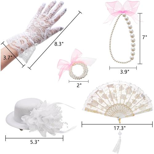 ZEAYEA 5 Pcs Girls Tea Party Set, Includes Gloves Hat Necklace Bracelet Fan for Girls Costume, Girl Tea Party Supplies Dress Up Play Set for Playtime Birthday Easter Halloween Accessories