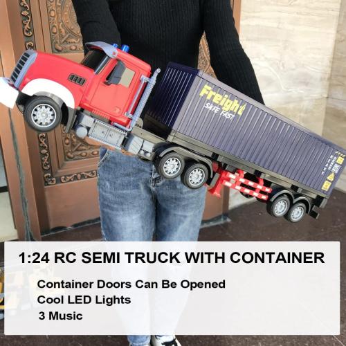 RC Semi Truck with Trailer - 22.5 Inch Semi Truck Toy for Kids, Carrier Van Transport Vehicle with 2 Rechargeable Batteries, 1:24 Container Trucks with LED Lights & Music, Great Gift For Boys Girls
